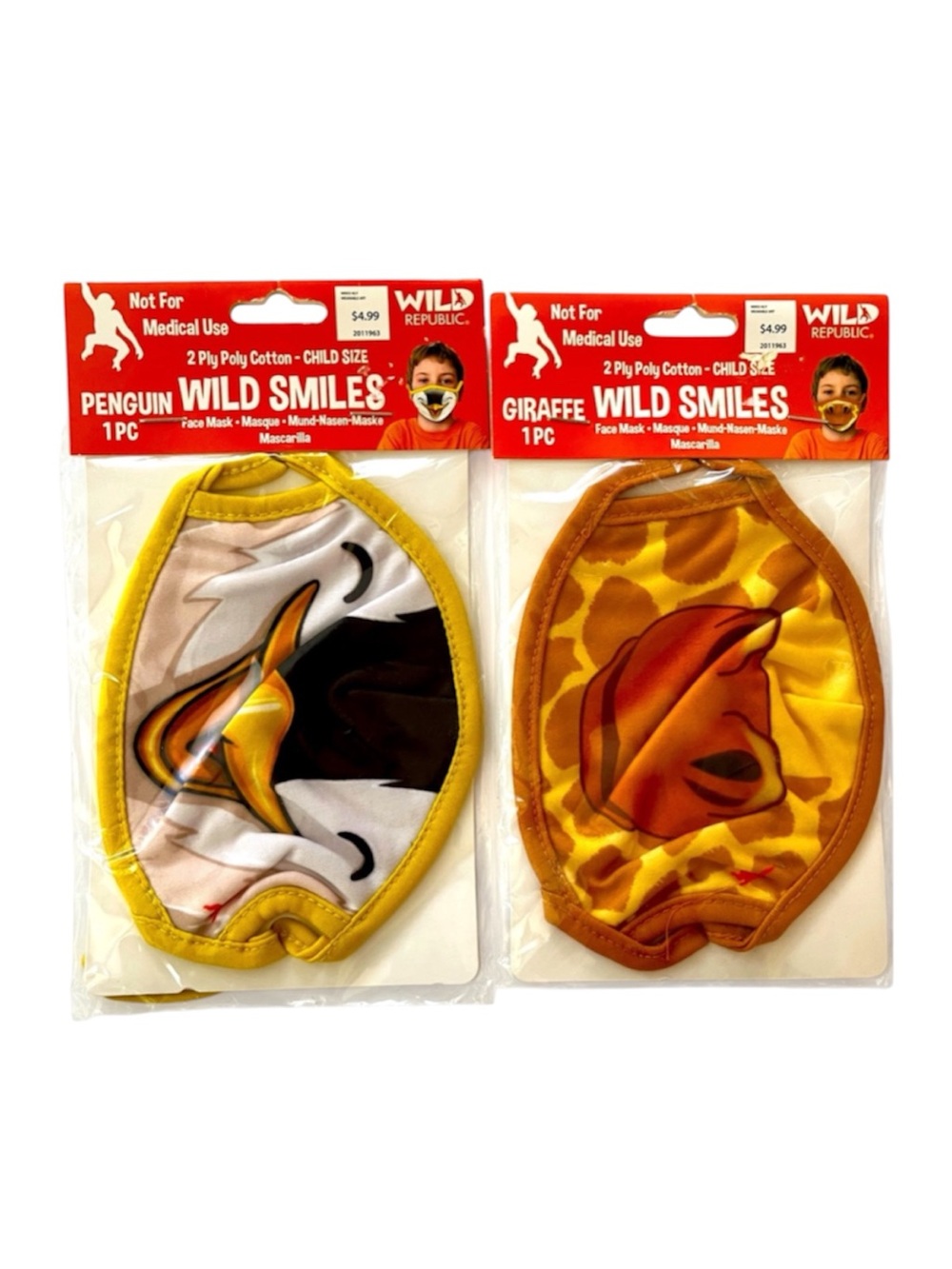 Wild Republic Kids Reusable Face Masks 2-Pack Penguin & Giraffe NWT